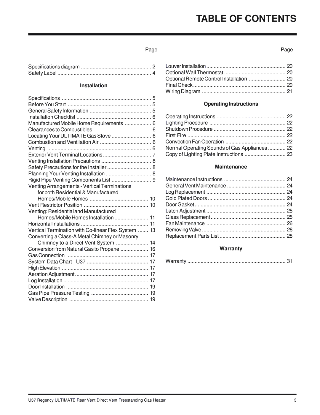 Regency U37-NG NATURAL GAS, U37-LP PROPANE installation manual Table of Contents 