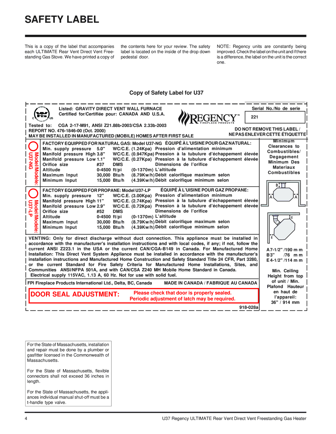 Regency U37-LP PROPANE Copy of Safety Label for U37, Serial No./No de serie 221, Dimensions de l’orifice 