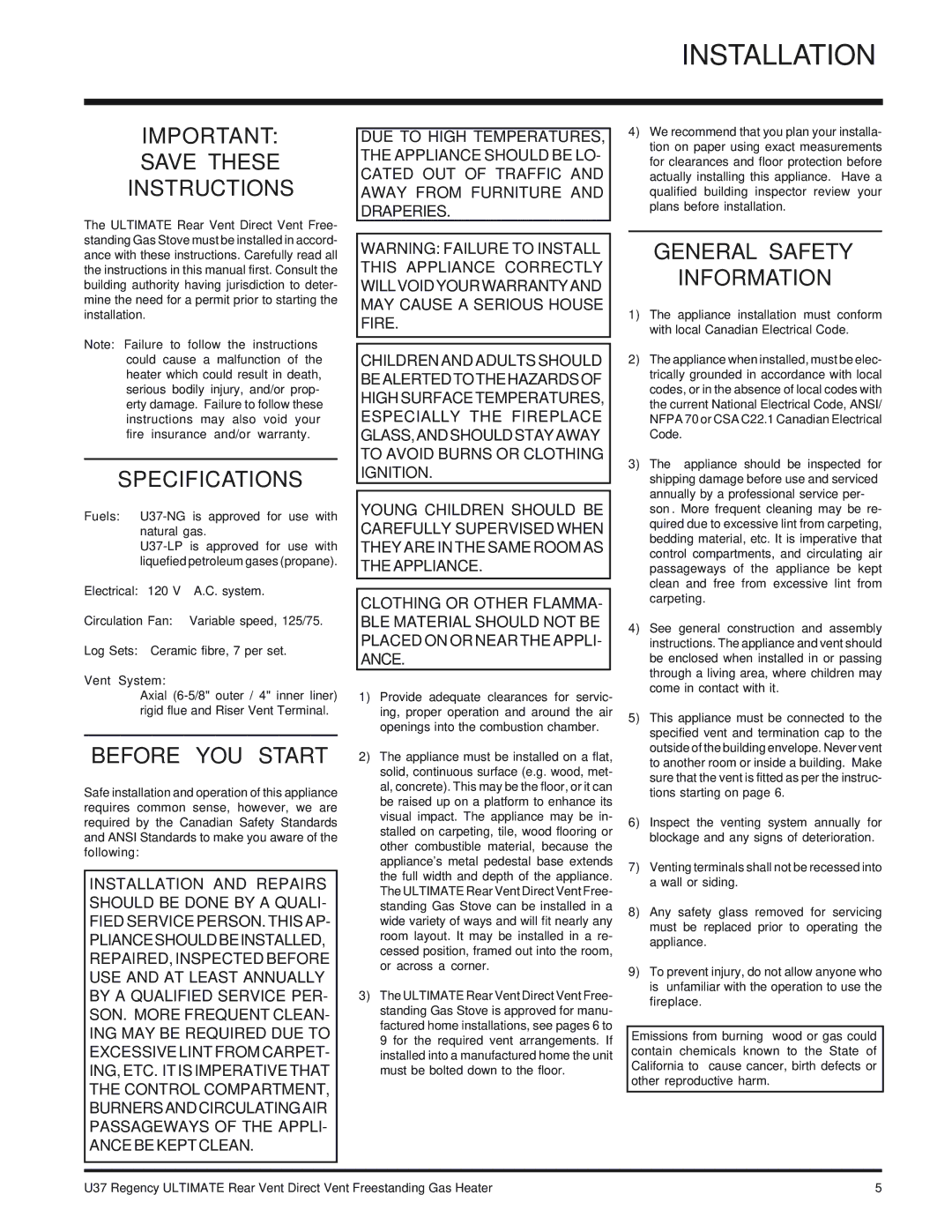 Regency U37-NG NATURAL GAS, U37-LP PROPANE Installation, Save These Instructions, Specifications, Before YOU Start 