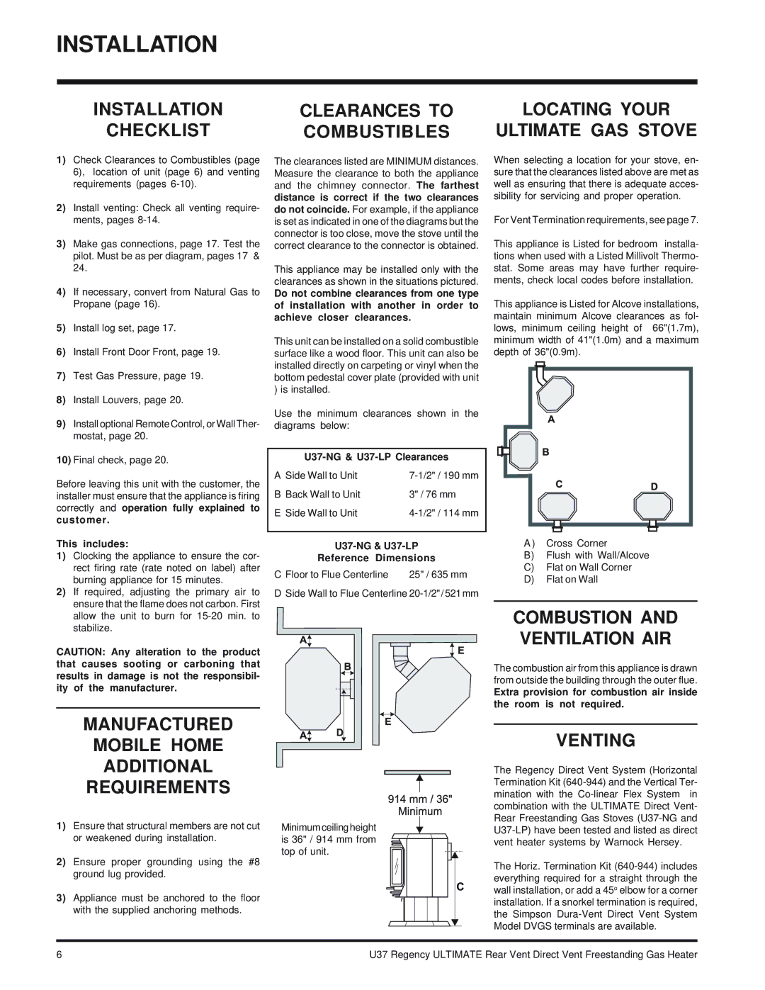 Regency U37-LP PROPANE, U37-NG NATURAL GAS Clearances to, Checklist Combustibles Locating Your Ultimate GAS Stove, Venting 