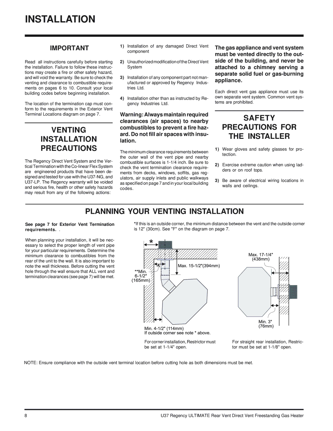 Regency U37-LP PROPANE, U37-NG NATURAL GAS Venting Installation Precautions, Safety Precautions for Installer 