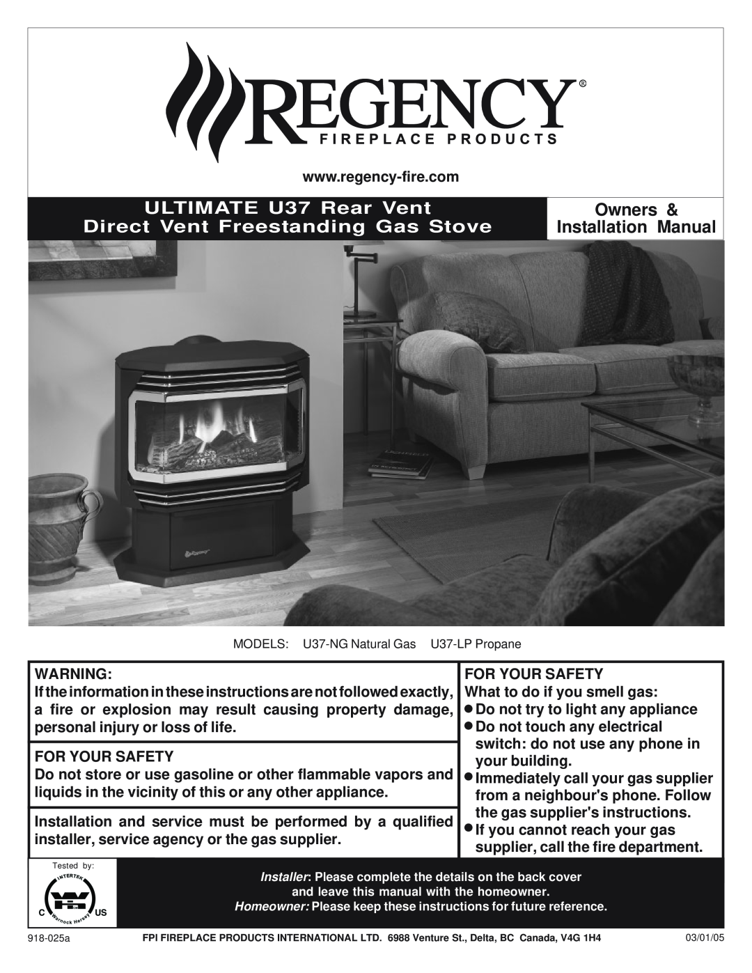 Regency U37-NG NATURAL GAS installation manual ULTIMATE U37 Rear Vent, Owners, Direct Vent Freestanding Gas Stove 