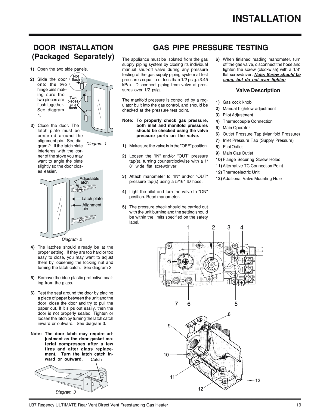 Regency U37-NG NATURAL GAS Installation, DOOR INSTALLATION Packaged Separately, Gas Pipe Pressure Testing, Diagram 