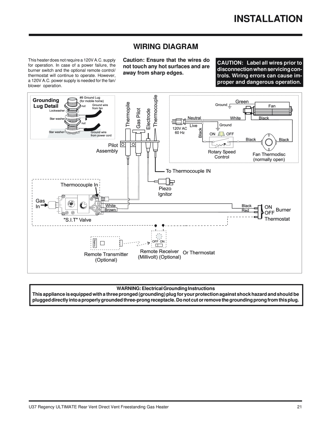 Regency U37-NG NATURAL GAS, U37-LP PROPANE Installation, Wiring Diagram, WARNING Electrical Grounding Instructions 