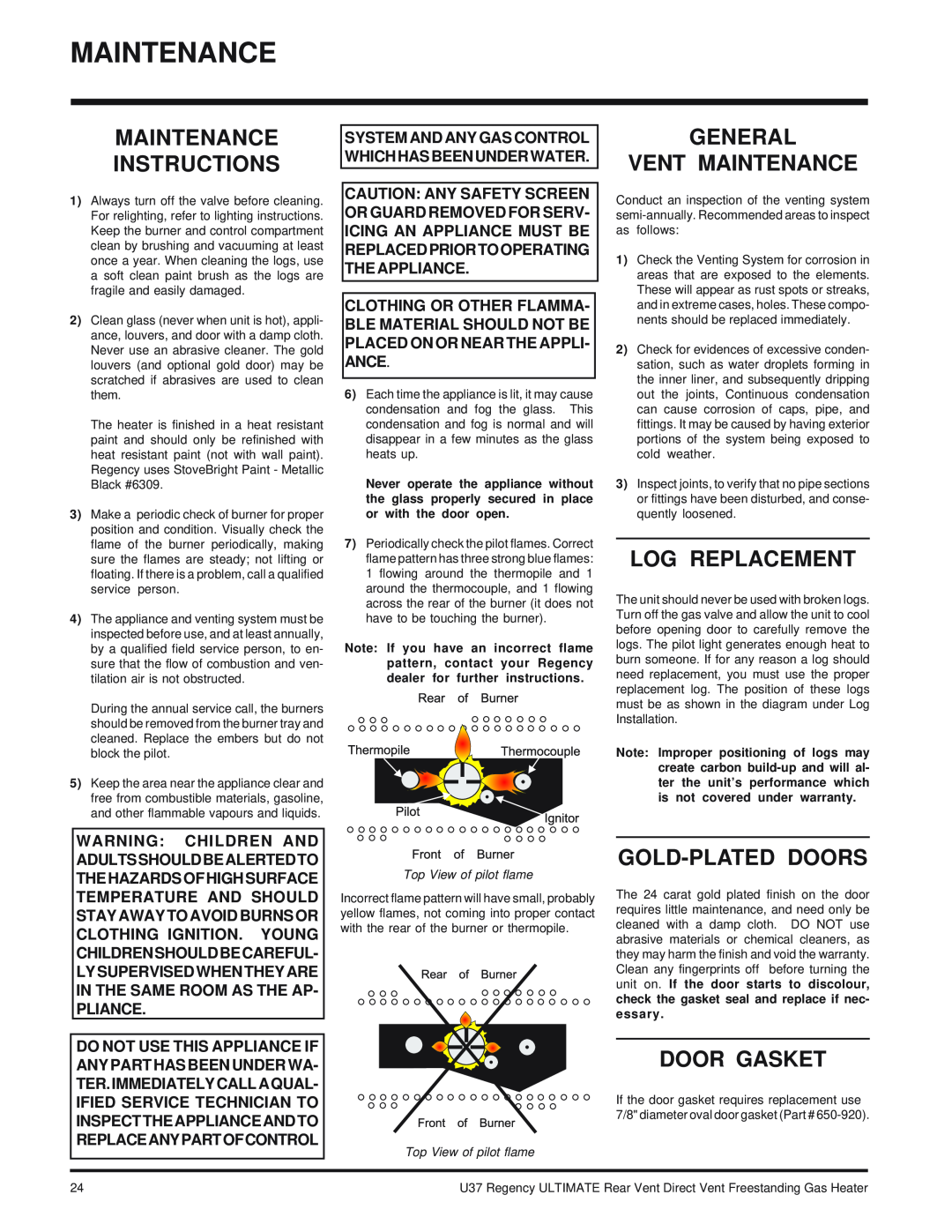 Regency U37-LP PROPANE Maintenance Instructions, General Vent Maintenance, Log Replacement, Gold-Plateddoors 