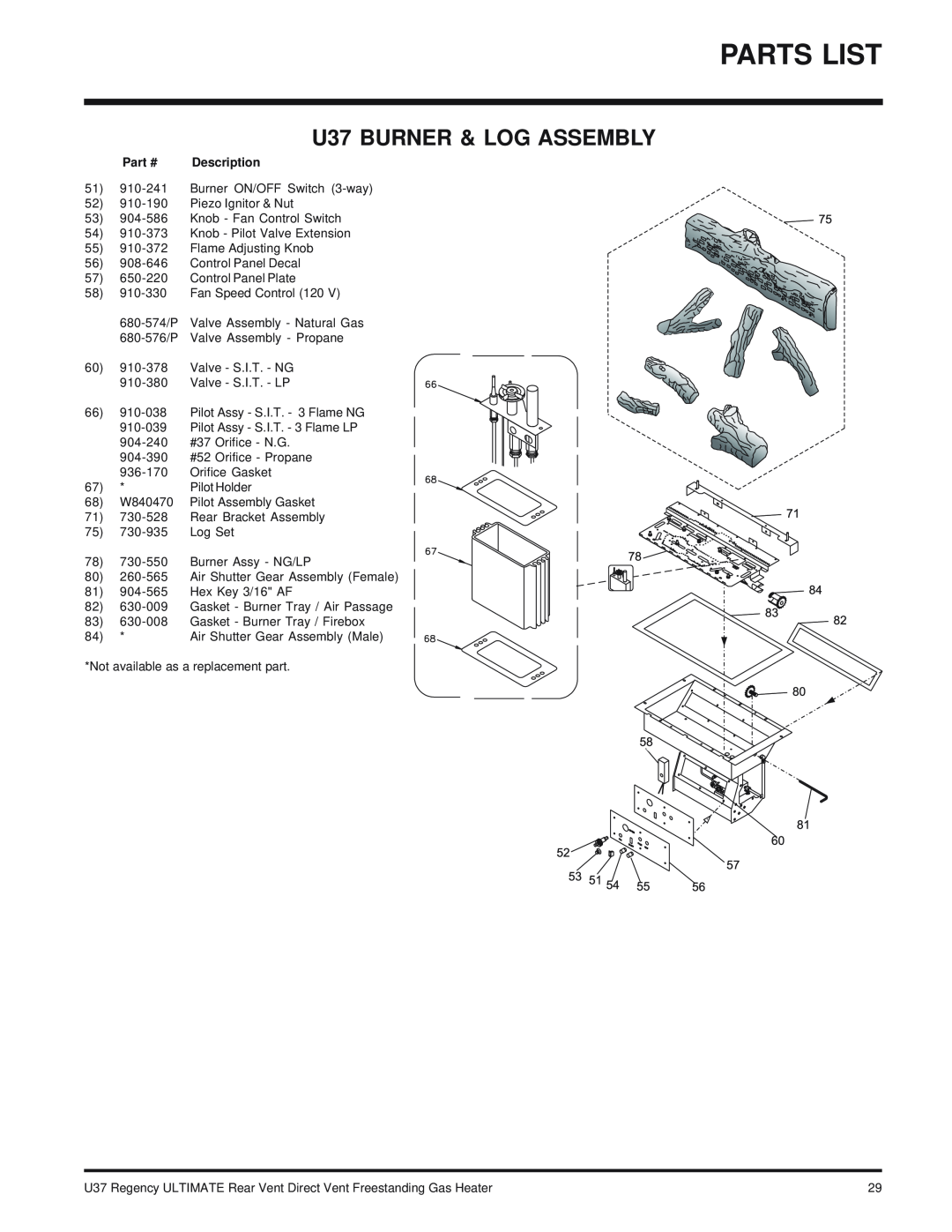 Regency U37-NG NATURAL GAS, U37-LP PROPANE installation manual Parts List, U37 BURNER & LOG ASSEMBLY 