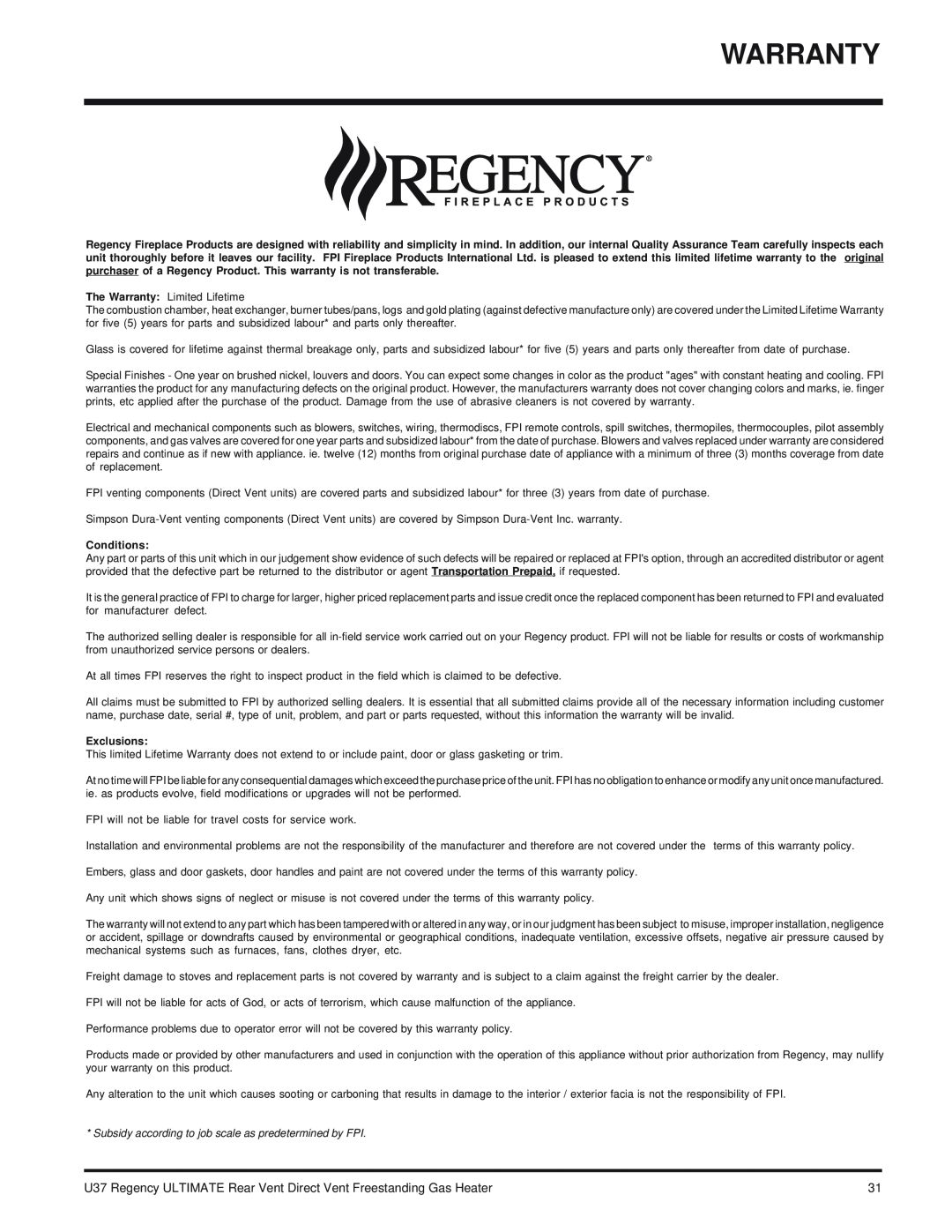 Regency U37-NG NATURAL GAS, U37-LP PROPANE installation manual Warranty, Conditions, Exclusions 