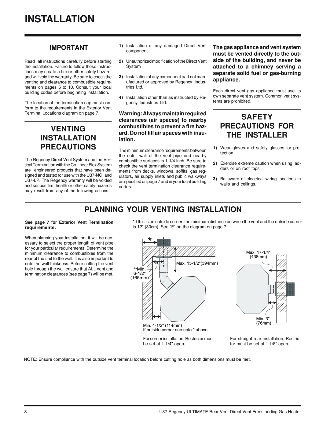 Regency U37-LP PROPANE, U37-NG NATURAL GAS Venting Installation Precautions, Safety Precautions For The Installer 