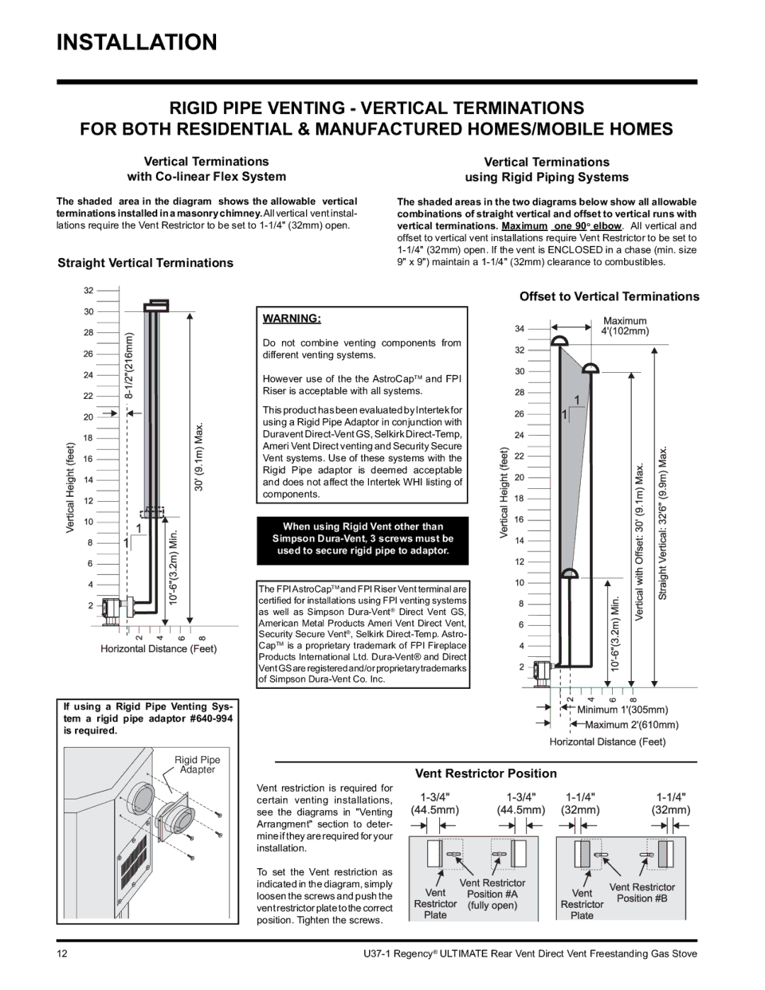 Regency U37-LP1, U37-NG1 Using Rigid Piping Systems, Straight Vertical Terminations, Offset to Vertical Terminations 