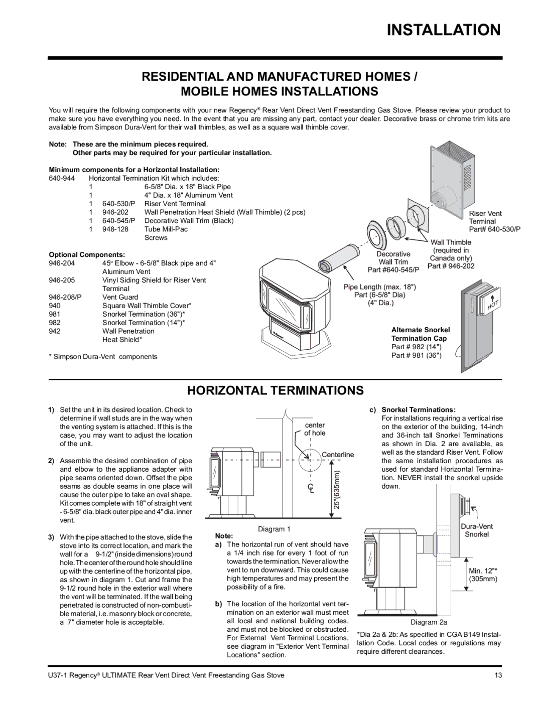 Regency U37-NG1 Horizontal Terminations, Optional Components, Alternate Snorkel Termination Cap, Snorkel Terminations 