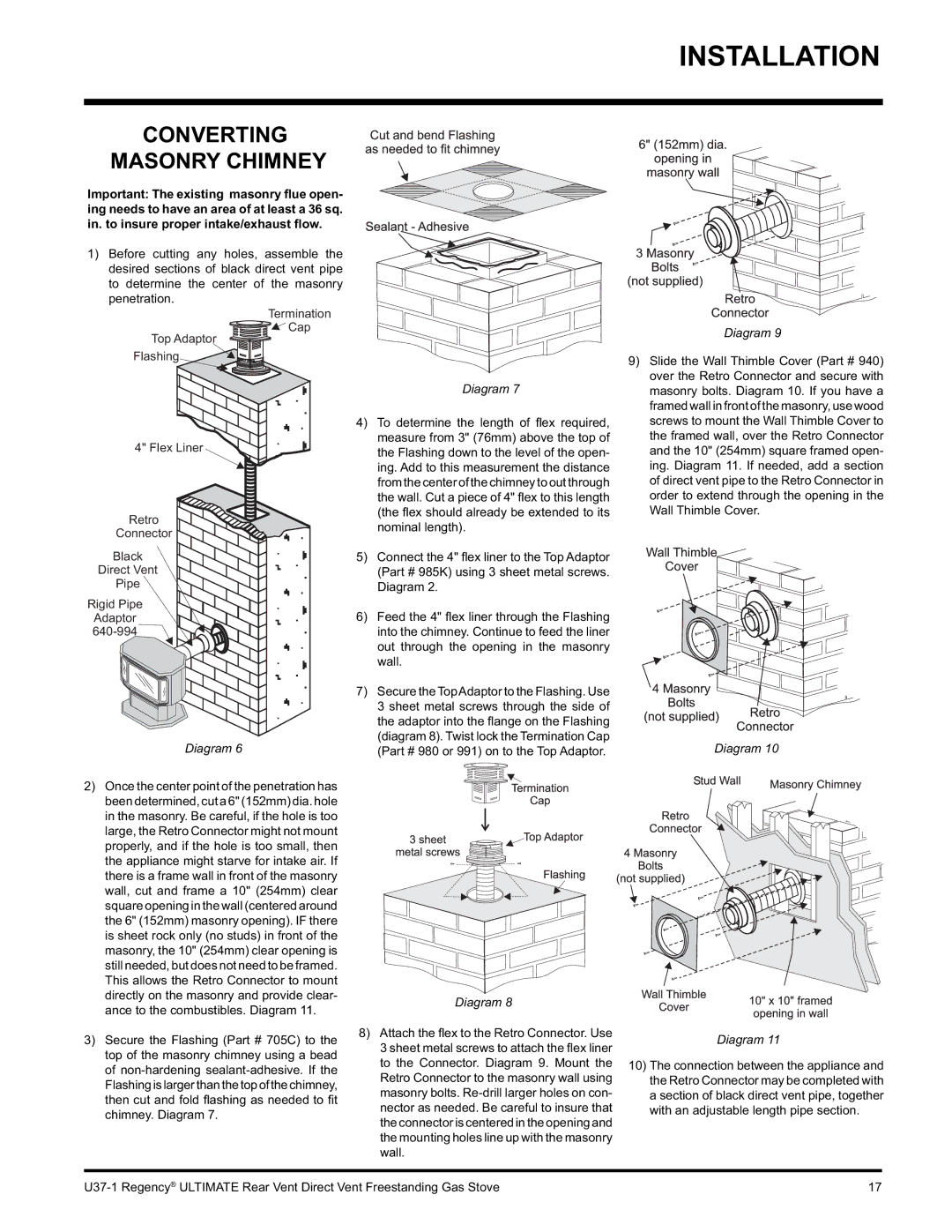 Regency U37-NG1, U37-LP1 installation manual Converting Masonry Chimney 