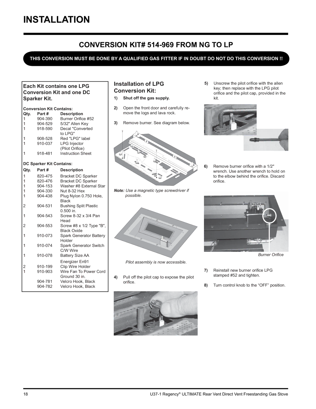 Regency U37-LP1, U37-NG1 installation manual Conversion KIT# 514-969 from NG to LP, Conversion Kit Contains Qty 