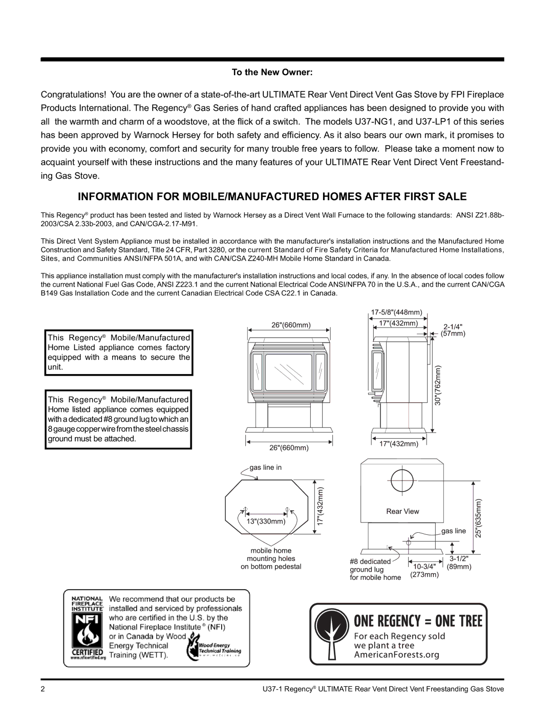 Regency U37-LP1, U37-NG1 installation manual Information for MOBILE/MANUFACTURED Homes After First Sale, To the New Owner 