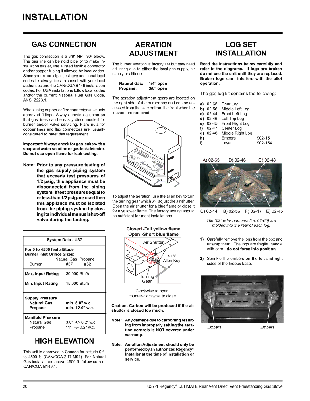 Regency U37-LP1, U37-NG1 installation manual GAS Connection, High Elevation, Aeration Adjustment, LOG SET Installation 