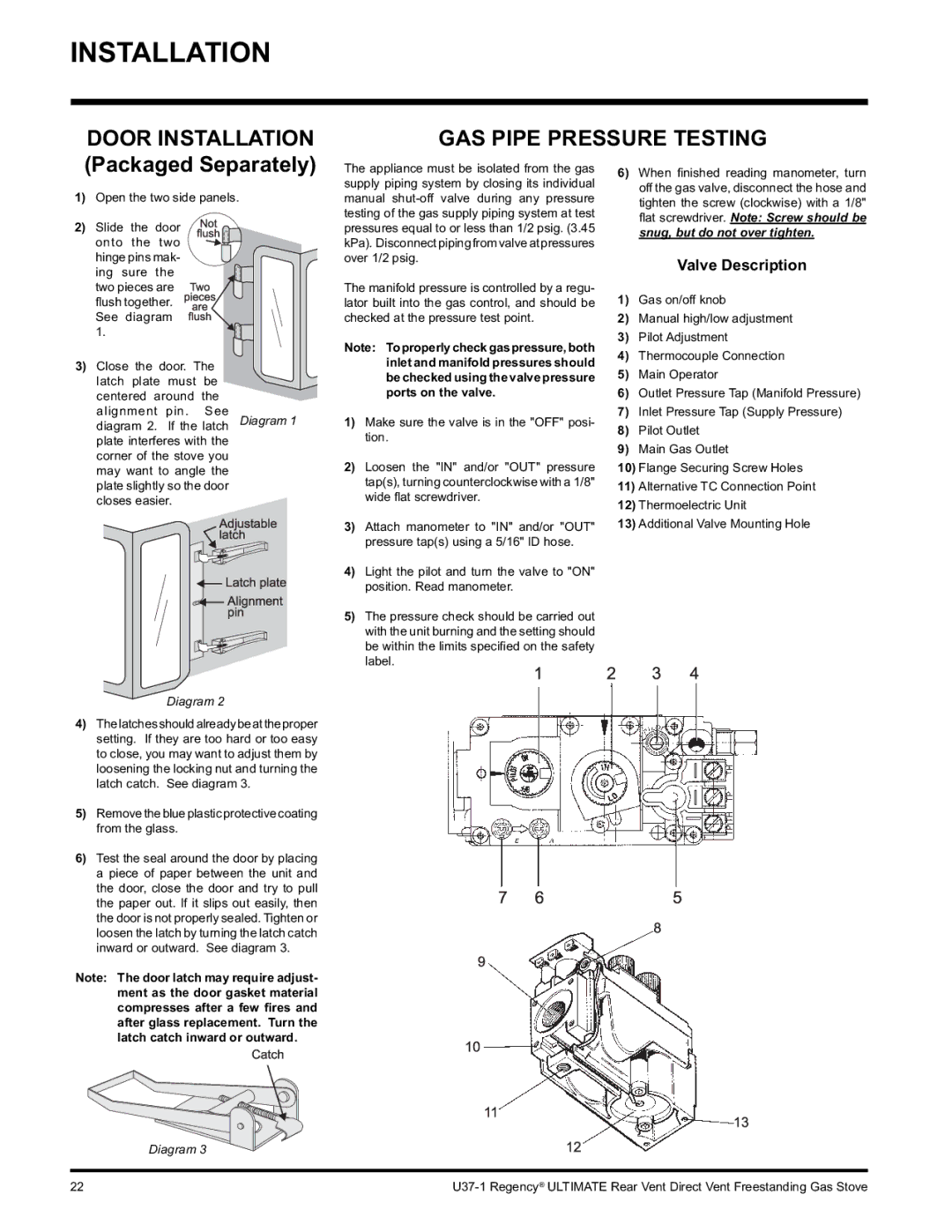 Regency U37-LP1, U37-NG1 Door Installation GAS Pipe Pressure Testing, Valve Description, Ports on the valve 