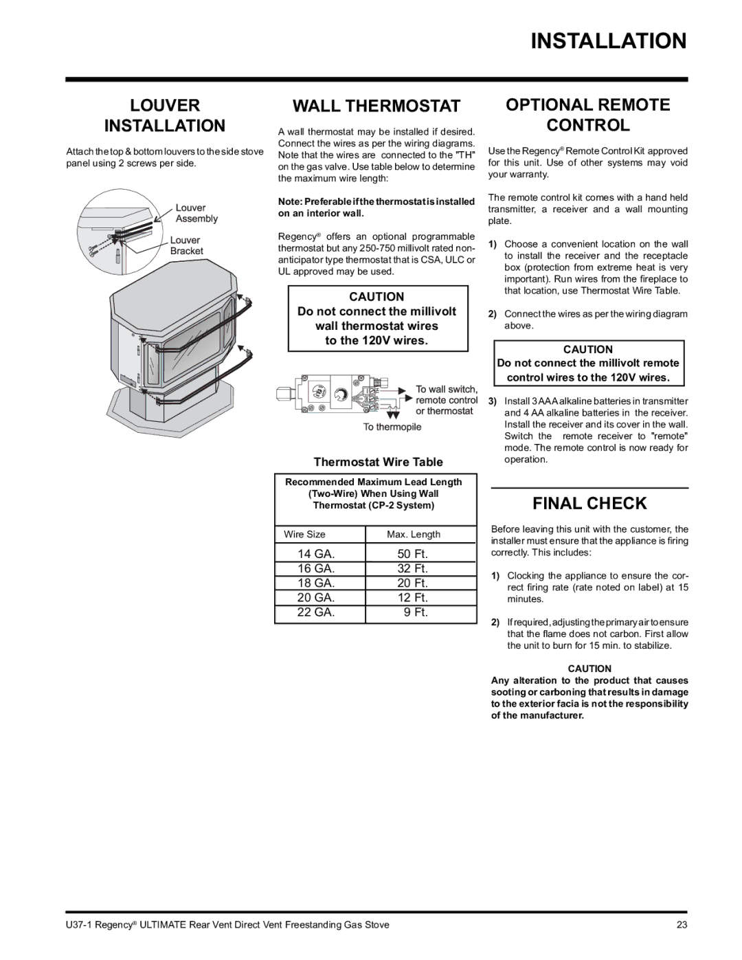 Regency U37-NG1, U37-LP1 installation manual Louver Installation, Wall Thermostat, Optional Remote Control, Final Check 