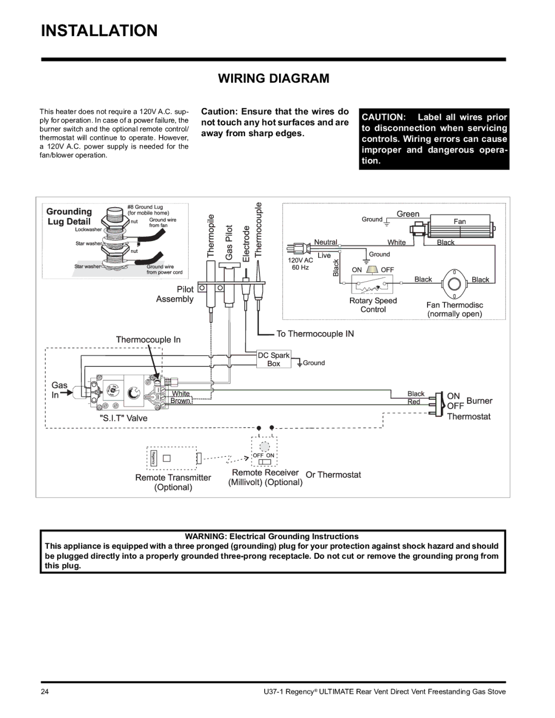 Regency U37-LP1, U37-NG1 installation manual Wiring Diagram, Away from sharp edges 