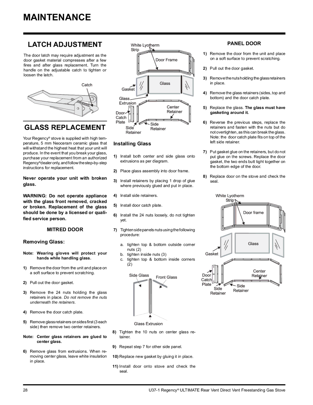 Regency U37-LP1, U37-NG1 installation manual Latch Adjustment, Glass Replacement, Removing Glass, Installing Glass 