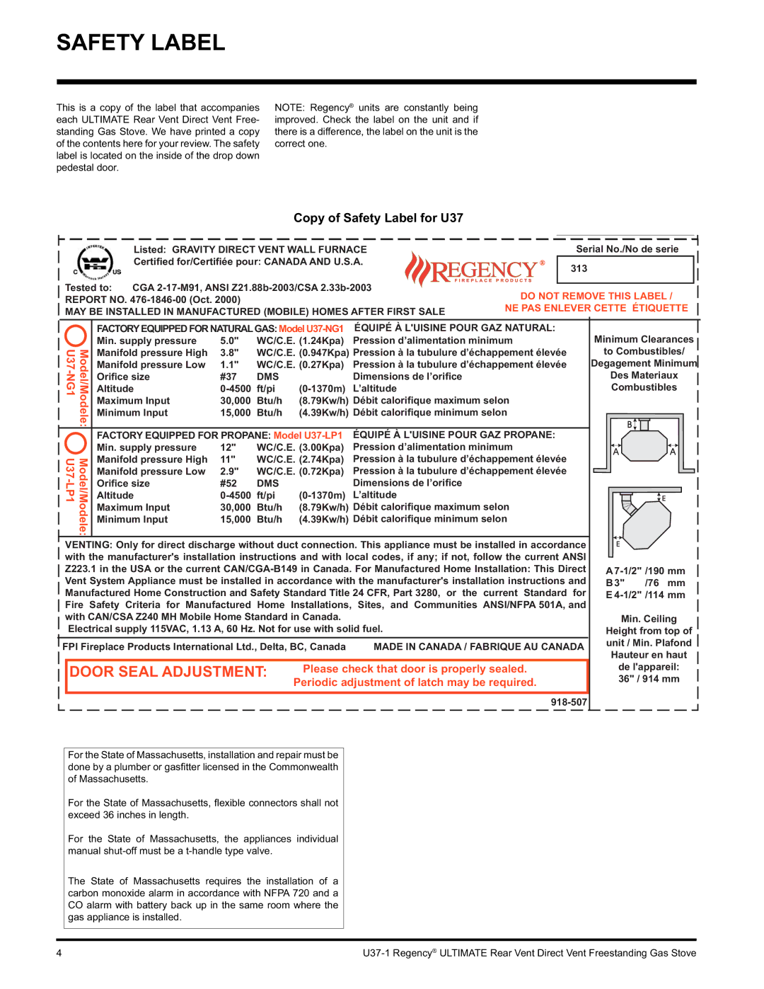 Regency U37-LP1, U37-NG1 installation manual Copy of Safety Label for U37 