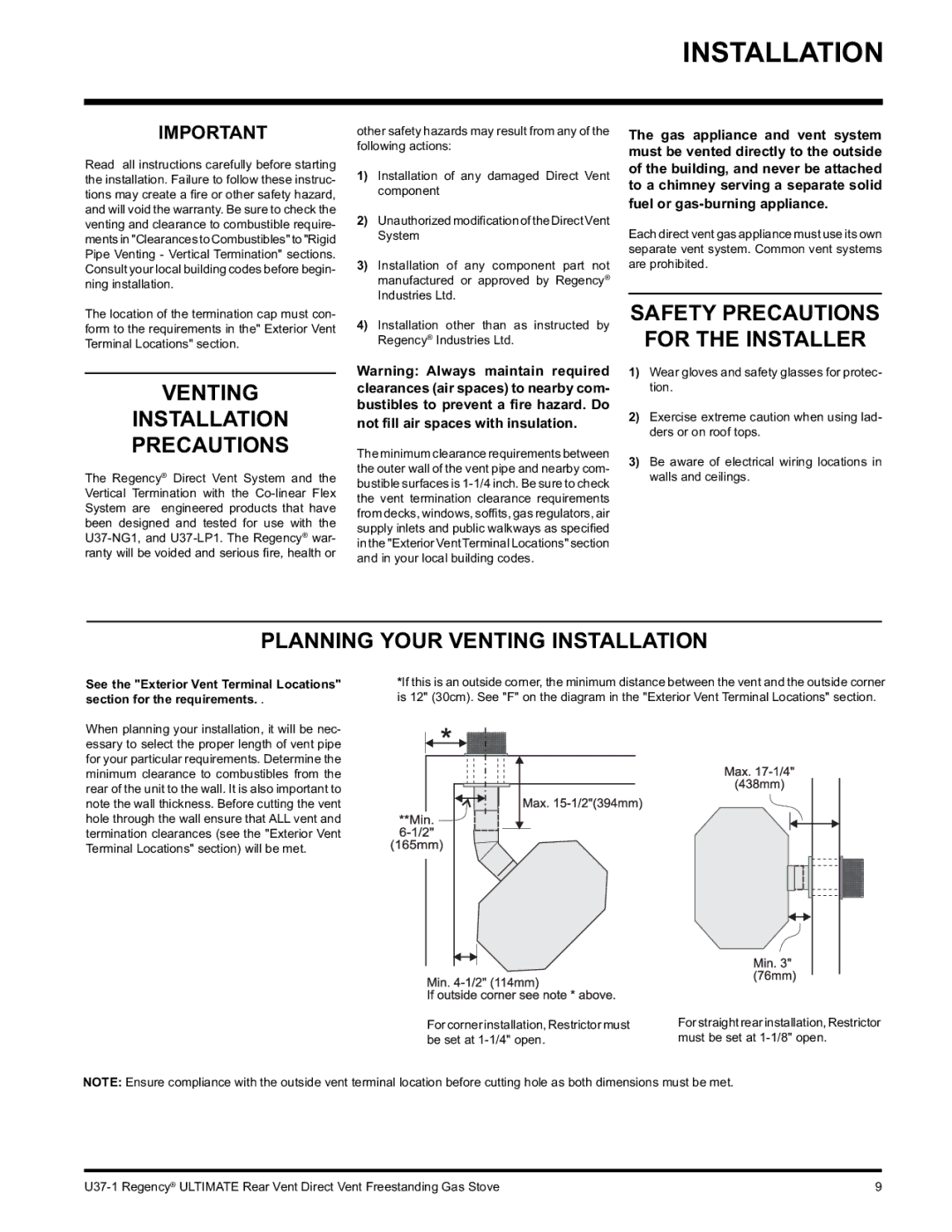 Regency U37-NG1 Venting Installation Precautions, Safety Precautions For the Installer, Planning Your Venting Installation 