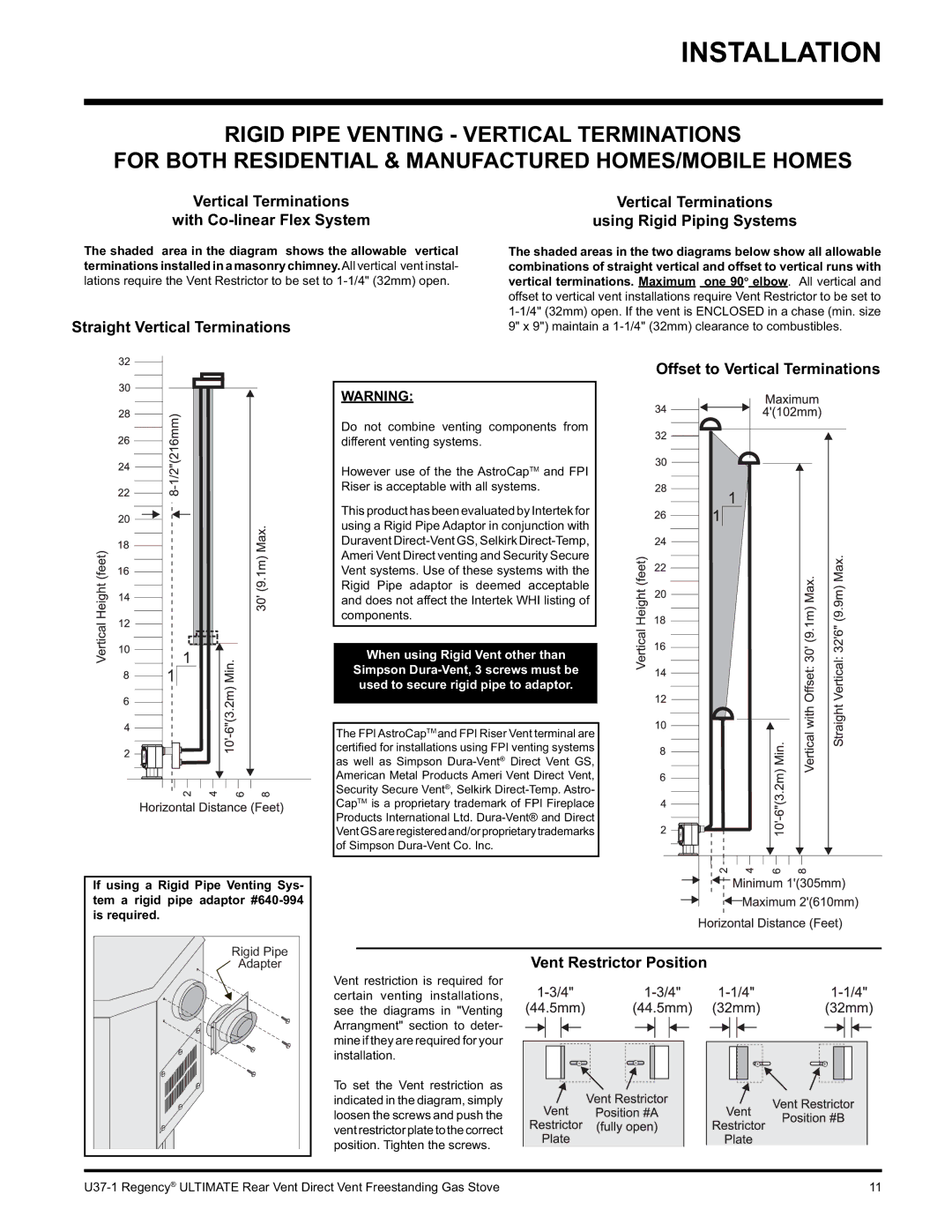 Regency U37-NG1, U37-LP1 Using Rigid Piping Systems, Straight Vertical Terminations, Offset to Vertical Terminations 