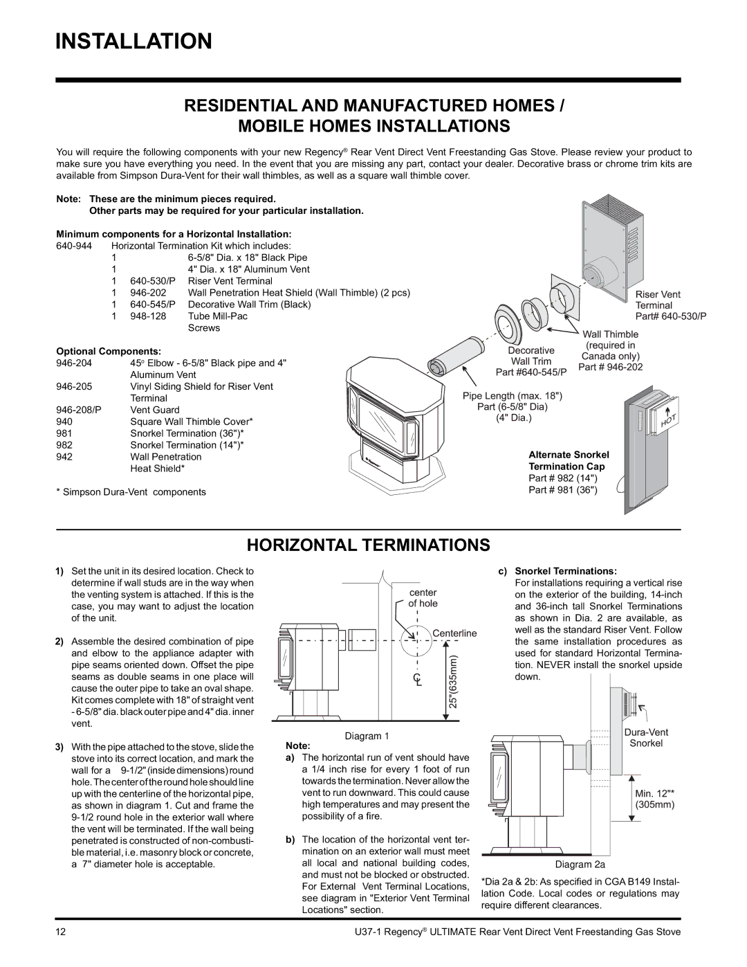 Regency U37-LP1 Horizontal Terminations, Optional Components, Alternate Snorkel Termination Cap, Snorkel Terminations 