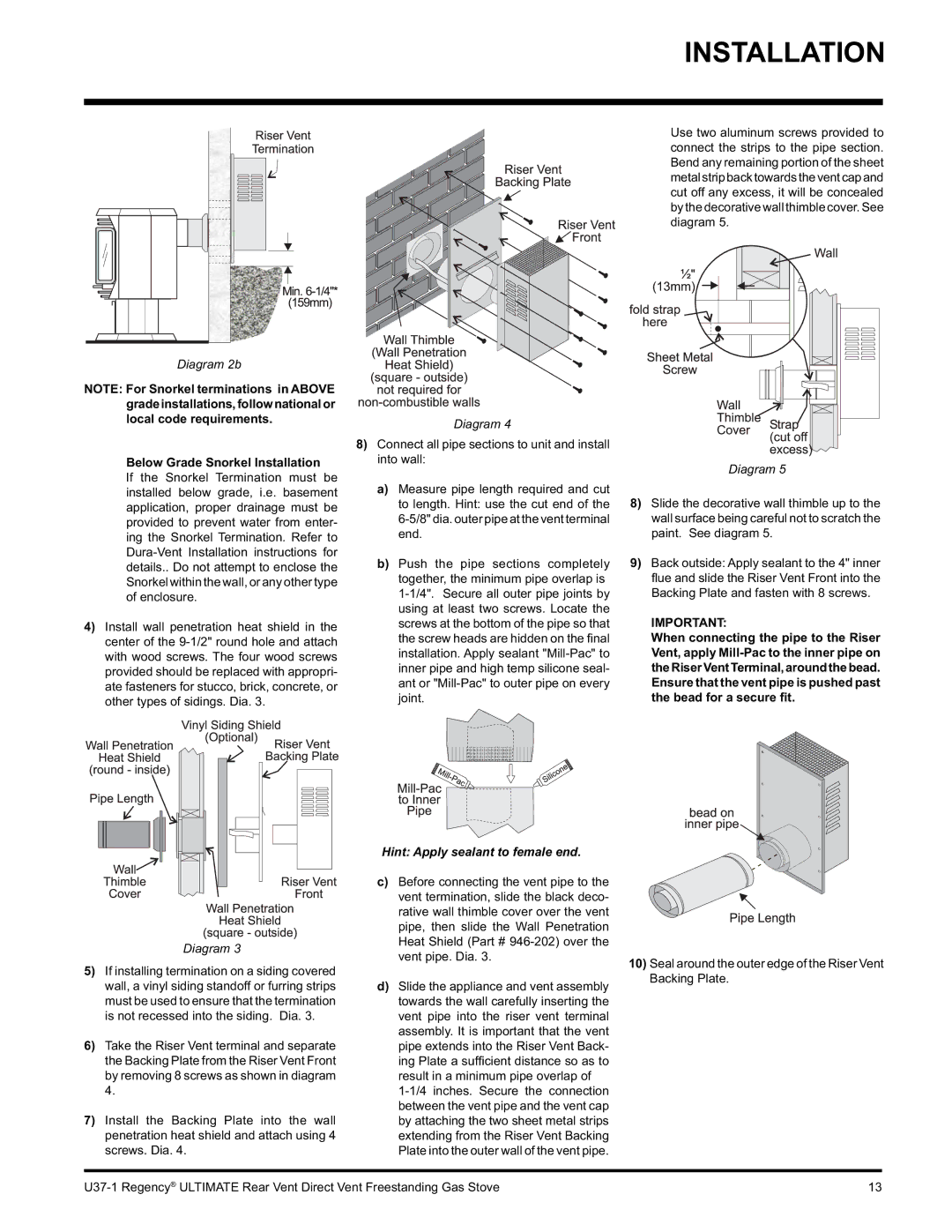 Regency U37-NG1, U37-LP1 installation manual Below Grade Snorkel Installation, Hint Apply sealant to female end 