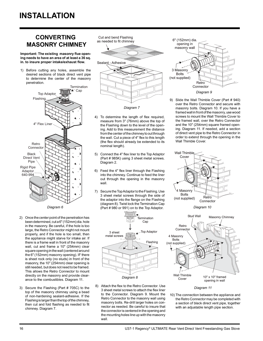 Regency U37-LP1, U37-NG1 installation manual Converting Masonry Chimney 