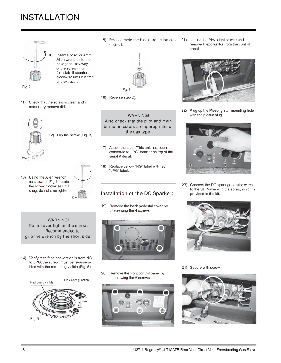 Regency U37-LP1, U37-NG1 installation manual Installation of the DC Sparker 