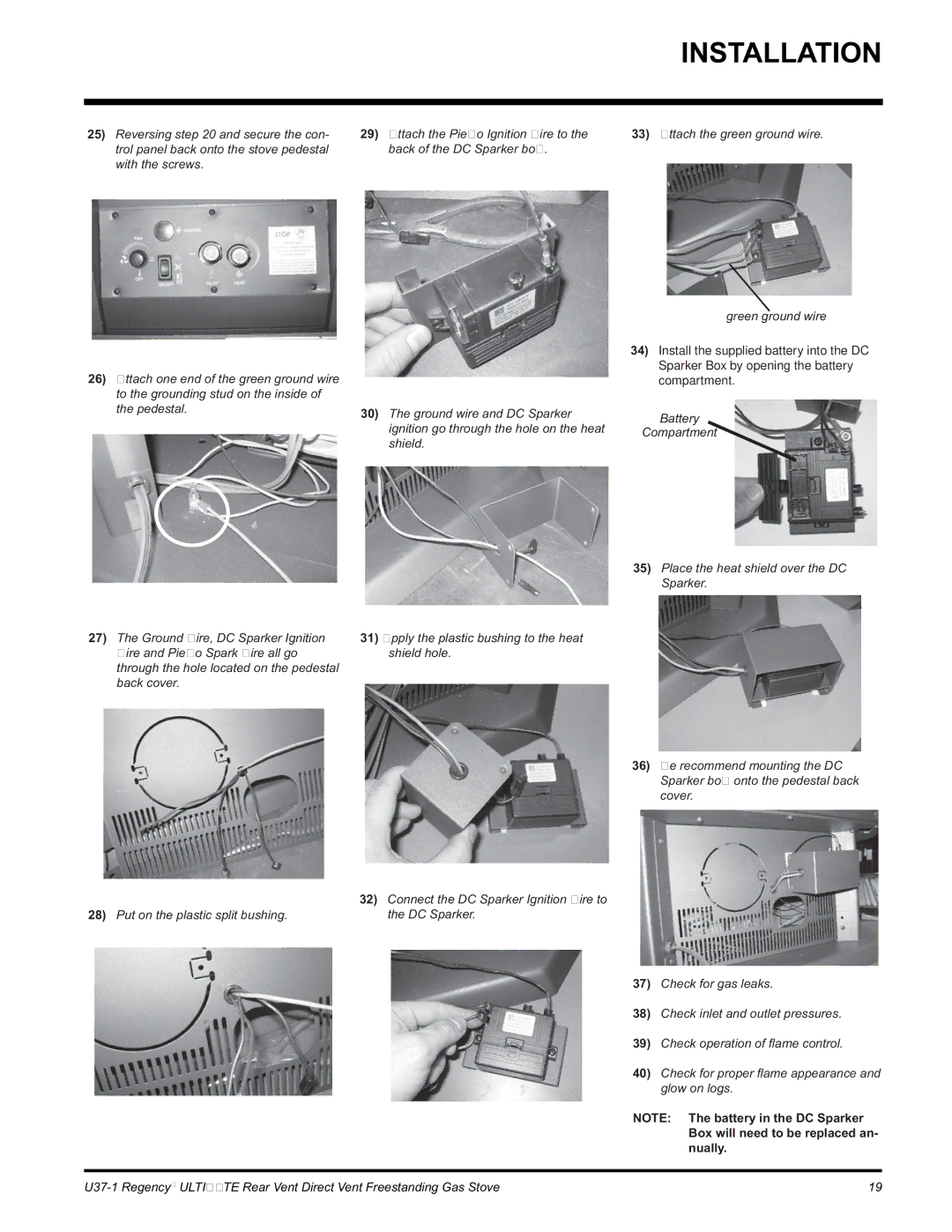 Regency U37-NG1, U37-LP1 installation manual Green ground wire 