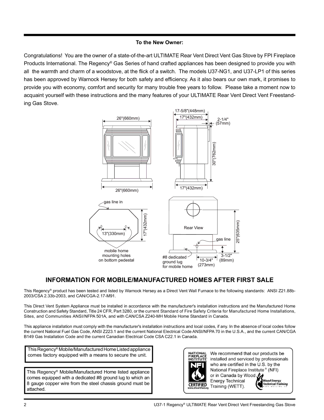 Regency U37-LP1, U37-NG1 installation manual Information for MOBILE/MANUFACTURED Homes After First Sale, To the New Owner 