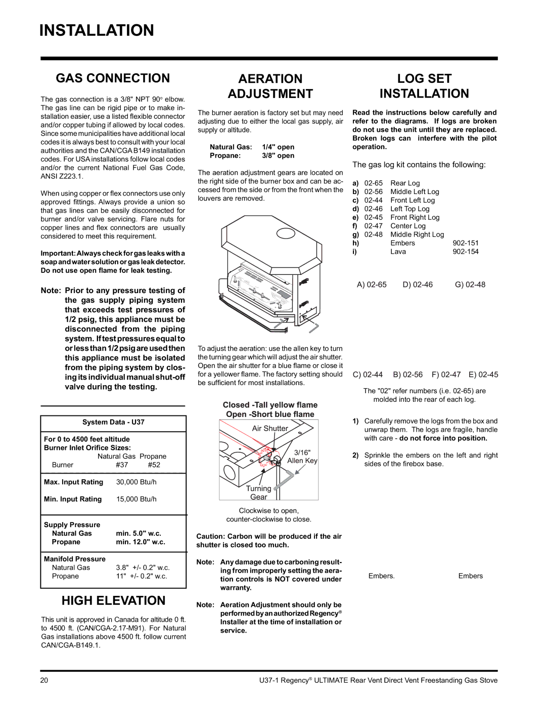 Regency U37-LP1, U37-NG1 installation manual GAS Connection, High Elevation, Aeration Adjustment, LOG SET Installation 