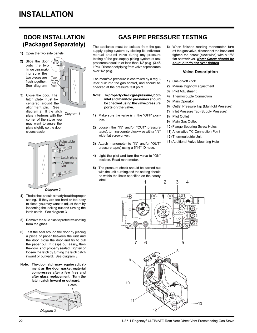 Regency U37-LP1, U37-NG1 GAS Pipe Pressure Testing, Valve Description, Thermocouple Connection, Ports on the valve 