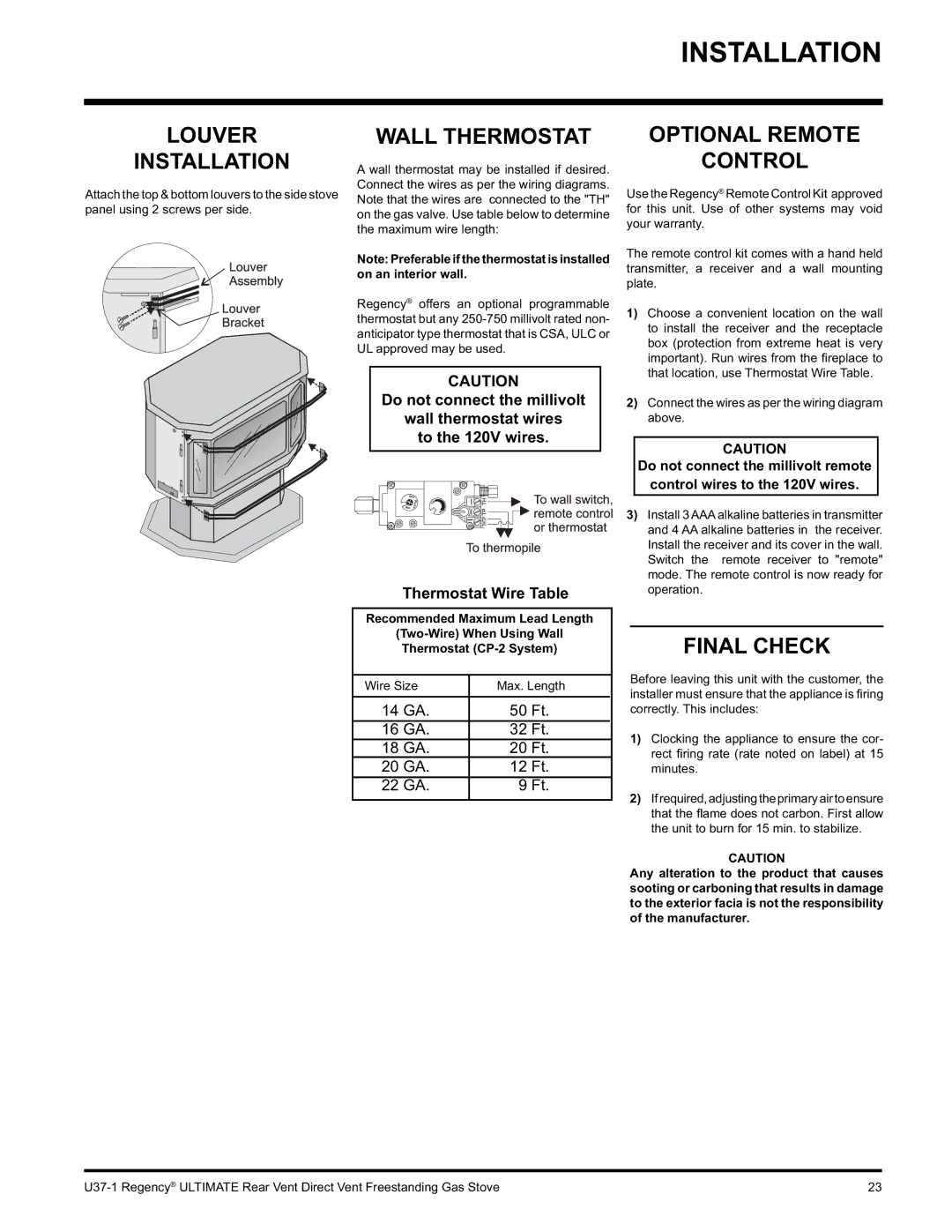 Regency U37-NG1, U37-LP1 installation manual Louver Installation, Wall Thermostat, Optional Remote Control, Final Check 