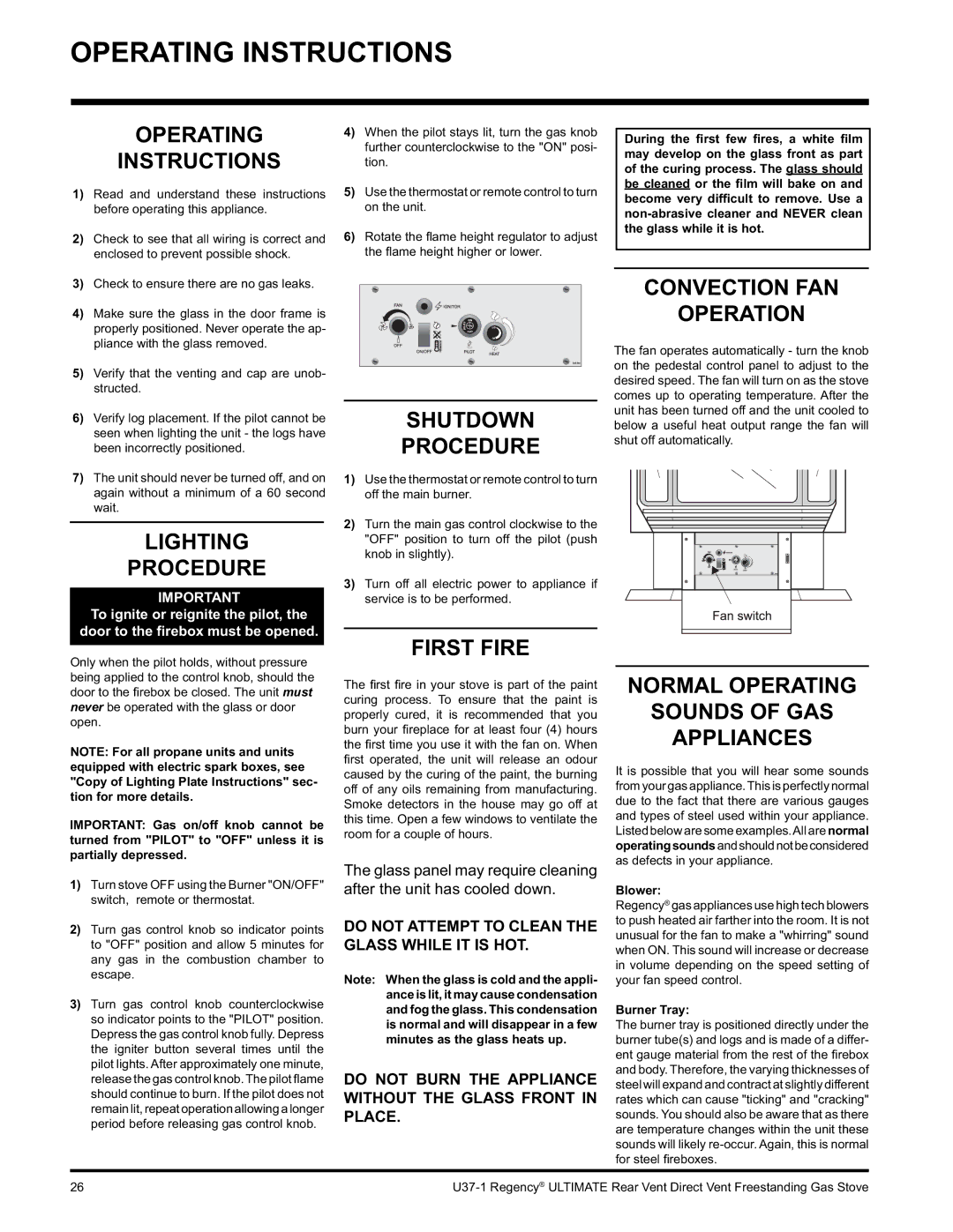 Regency U37-LP1, U37-NG1 installation manual Operating Instructions 