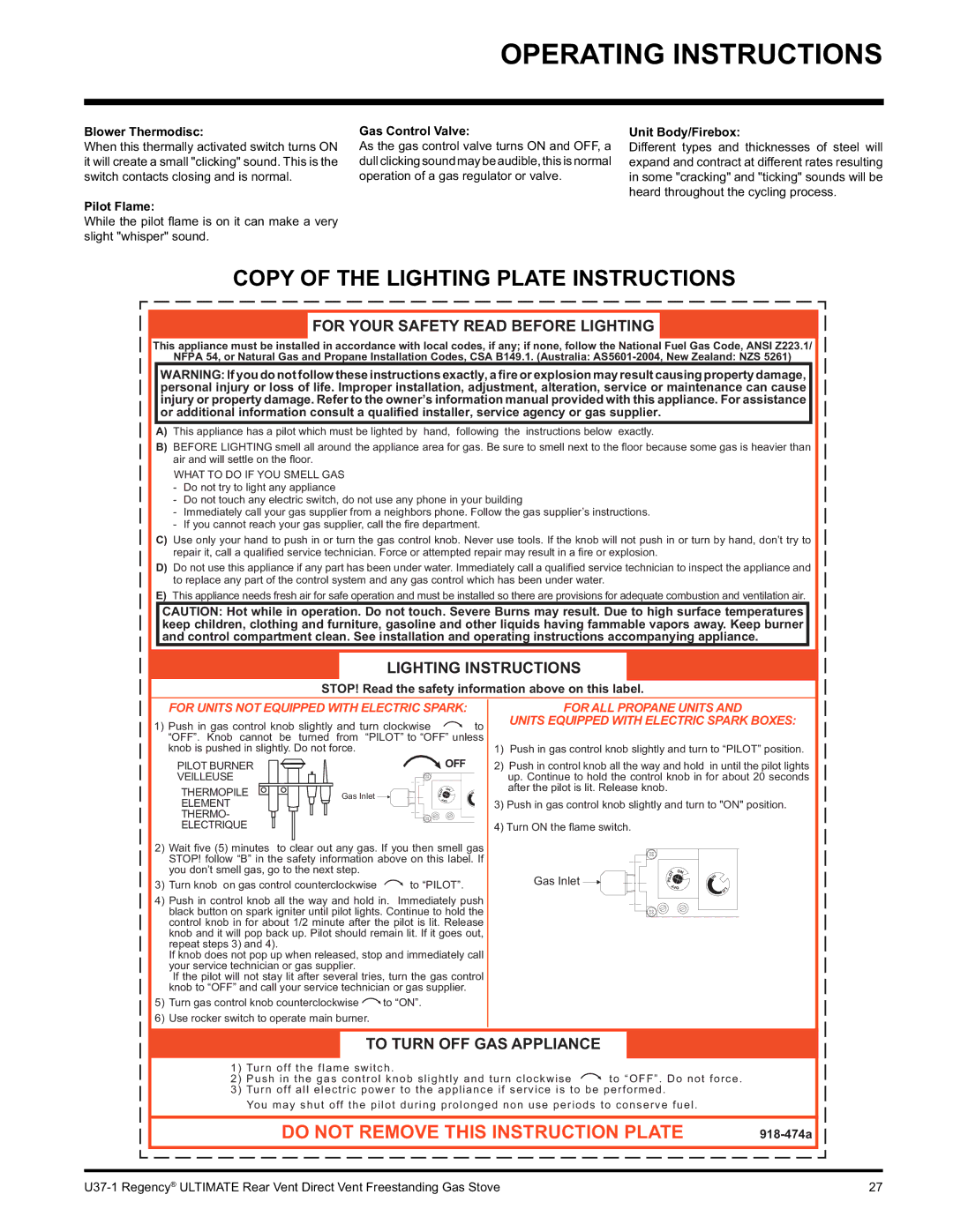 Regency U37-NG1, U37-LP1 Copy of the Lighting Plate Instructions, Blower Thermodisc, Pilot Flame, Gas Control Valve 