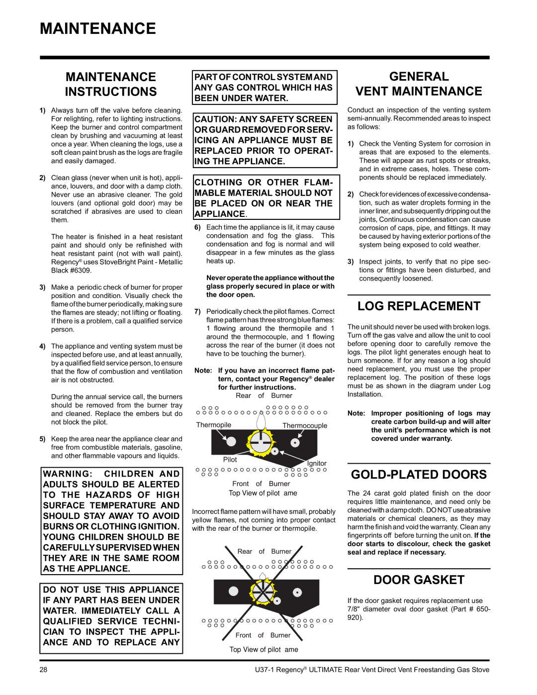 Regency U37-LP1, U37-NG1 installation manual Maintenance 