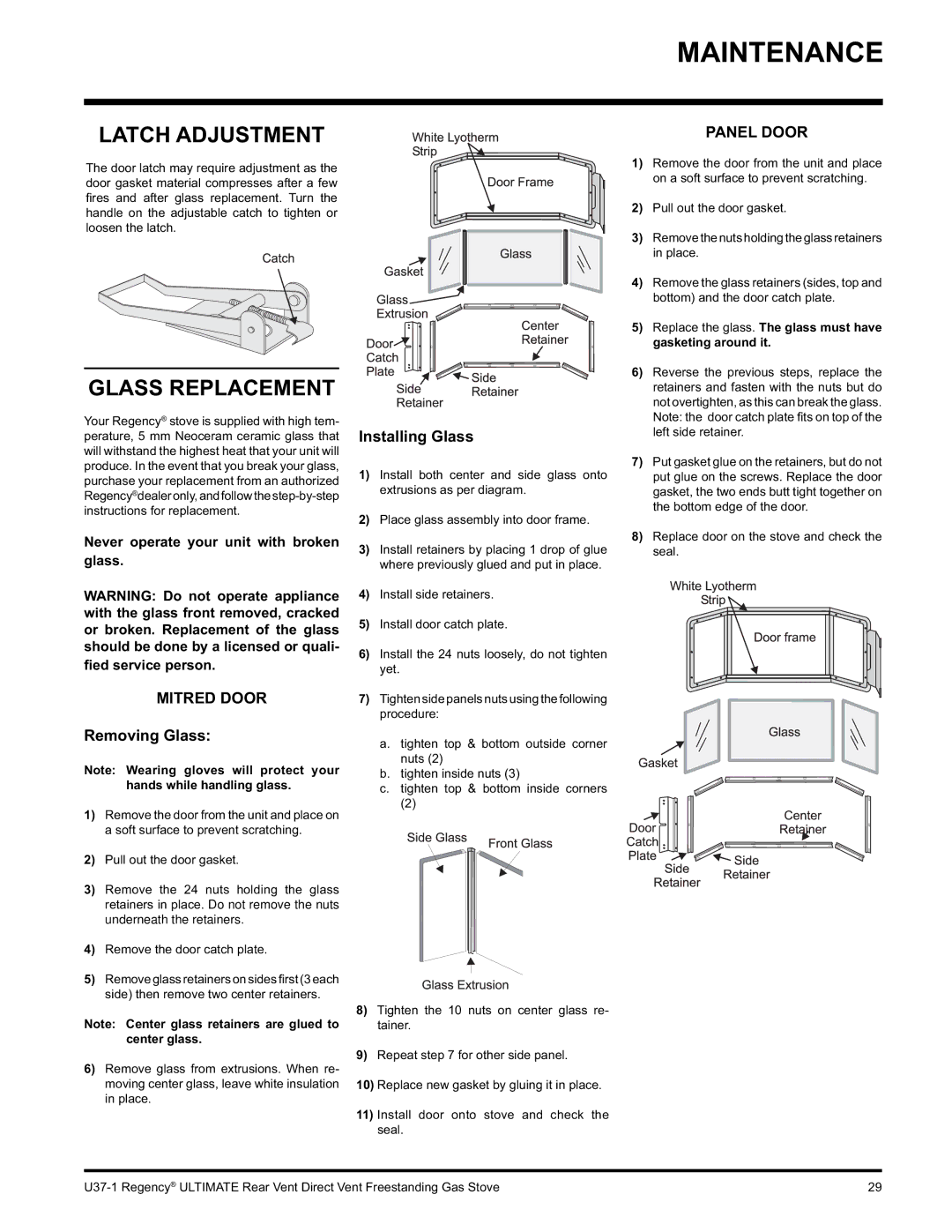 Regency U37-NG1, U37-LP1 installation manual Latch Adjustment, Glass Replacement, Removing Glass, Installing Glass 