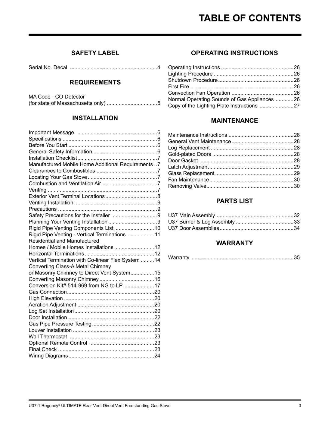 Regency U37-NG1, U37-LP1 installation manual Table of Contents 