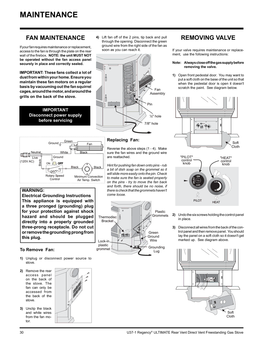 Regency U37-LP1, U37-NG1 installation manual FAN Maintenance, Removing Valve, Replacing Fan 