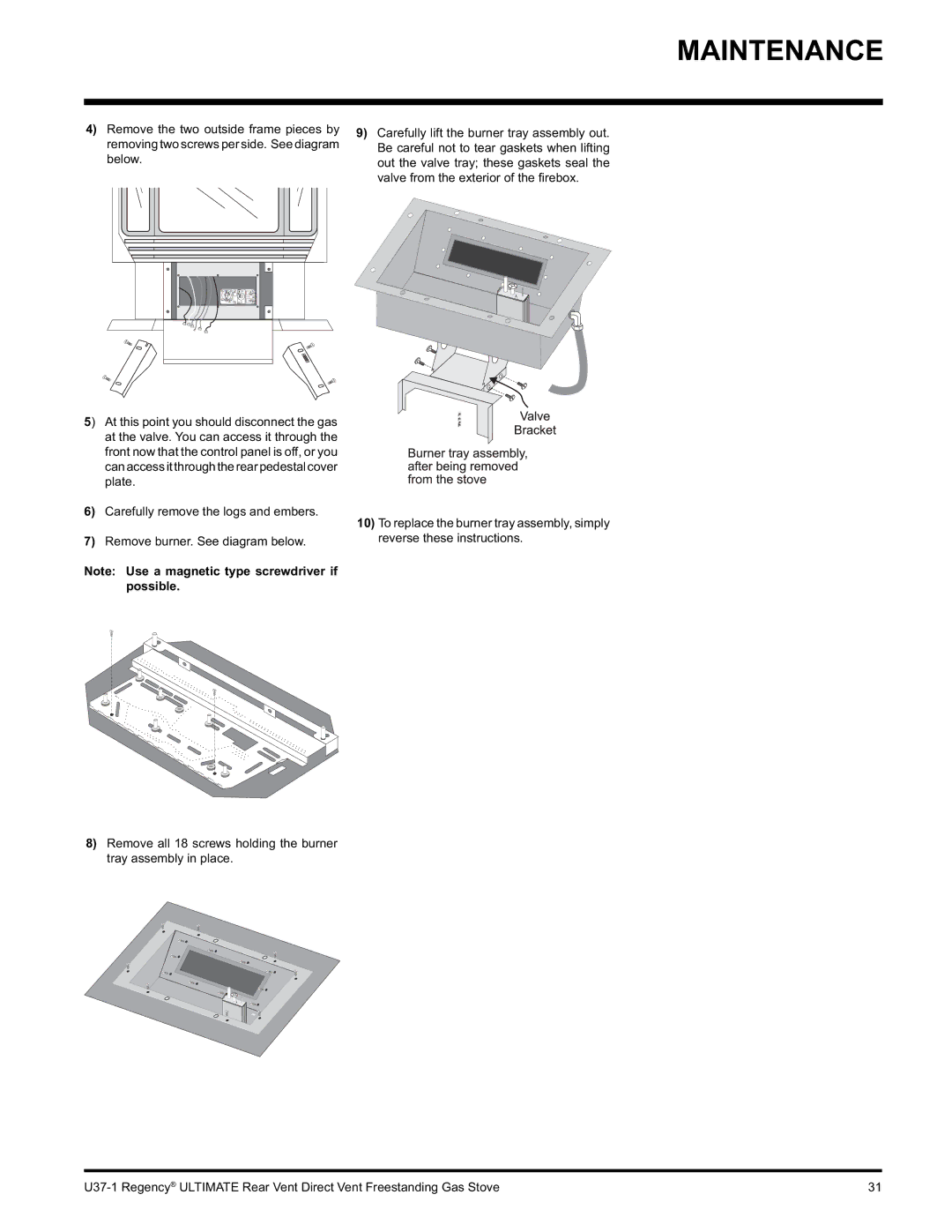 Regency U37-NG1, U37-LP1 installation manual Maintenance 