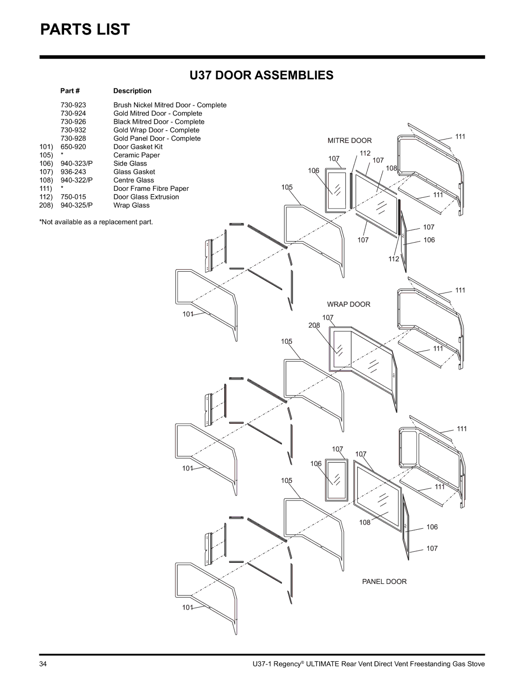 Regency U37-LP1, U37-NG1 installation manual U37 Door Assemblies 