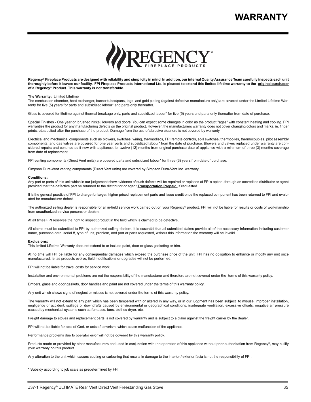 Regency U37-NG1, U37-LP1 installation manual Warranty, Conditions 