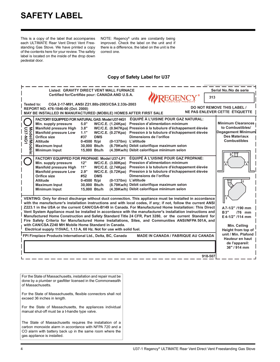 Regency U37-LP1, U37-NG1 installation manual Copy of Safety Label for U37 