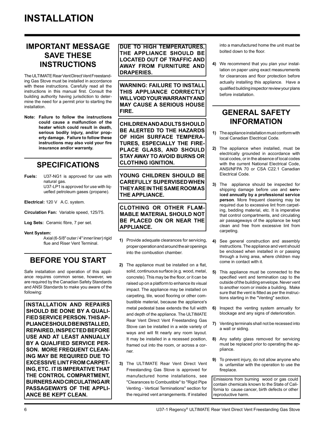 Regency U37-LP1, U37-NG1 Installation, Important Message Save These Instructions, Specifications, Before YOU Start 