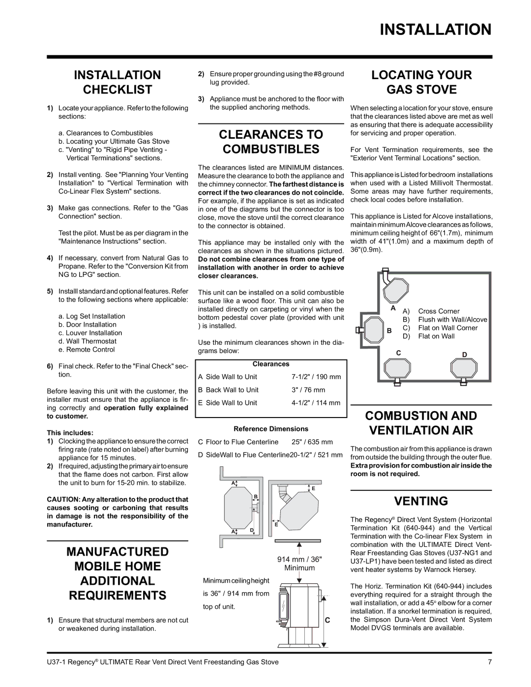 Regency U37-NG1 Installation Checklist, Manufactured Mobile Home Additional Requirements, Clearances to Combustibles 