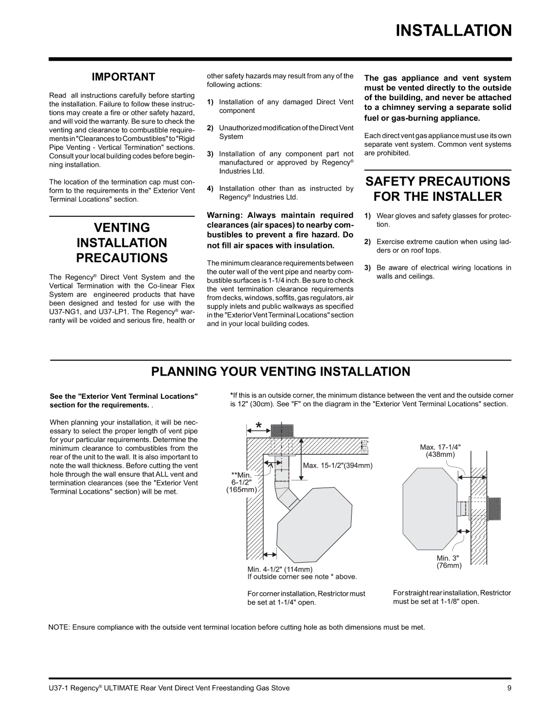 Regency U37-NG1 Venting Installation Precautions, Safety Precautions For the Installer, Planning Your Venting Installation 