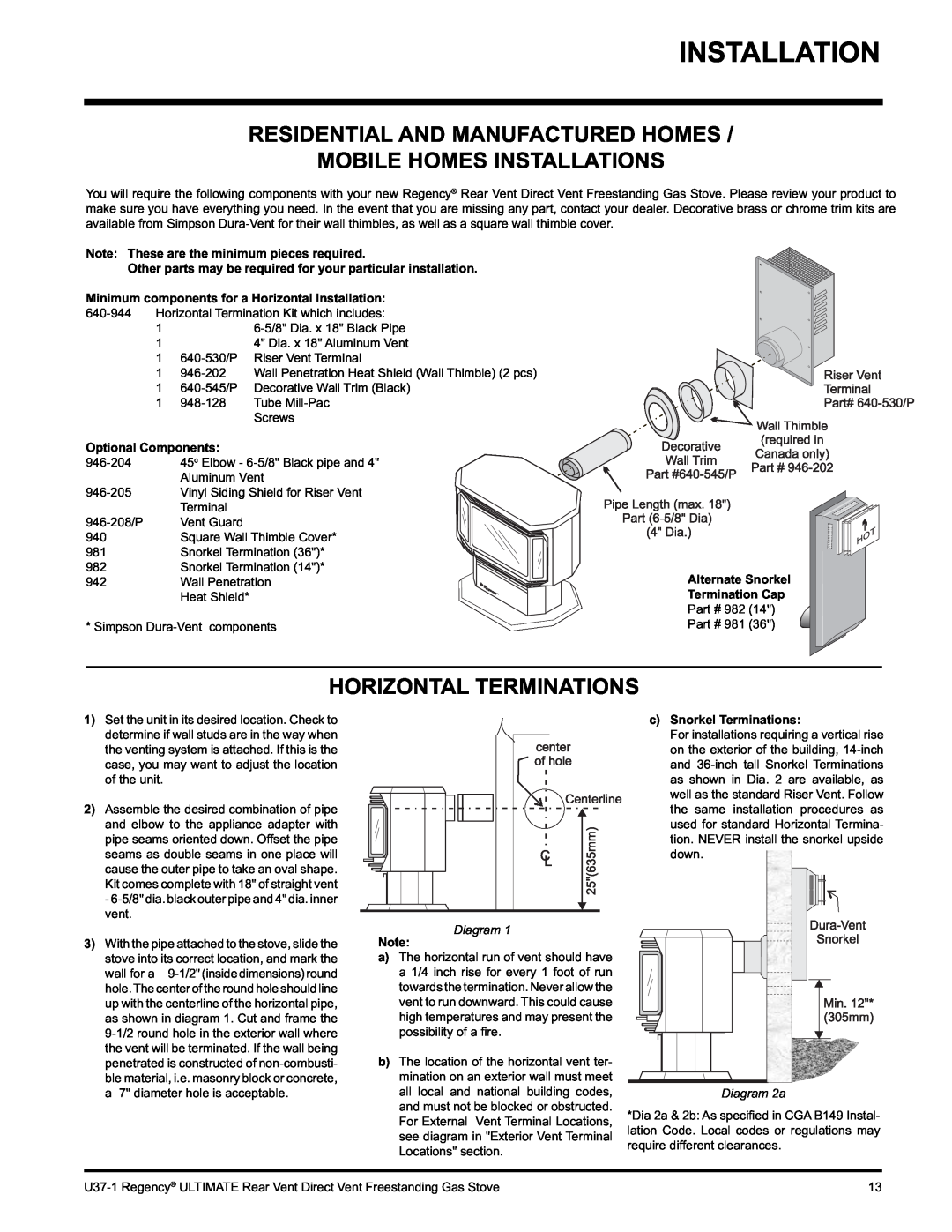 Regency U37-NG1, U37-LP1 Residential And Manufactured Homes, Mobile Homes Installations, Horizontal Terminations, Diagram 