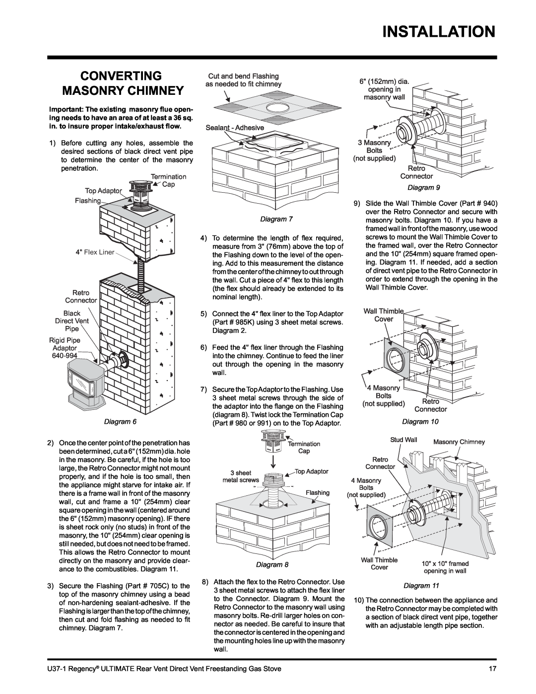 Regency U37-NG1, U37-LP1 installation manual Converting Masonry Chimney, Diagram Diagram 