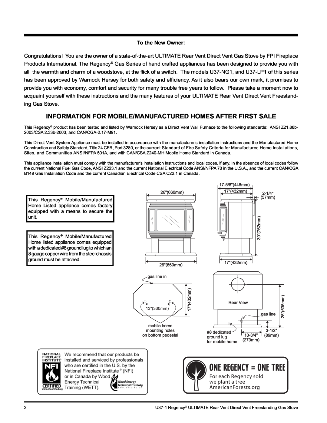 Regency U37-LP1, U37-NG1 installation manual To the New Owner 
